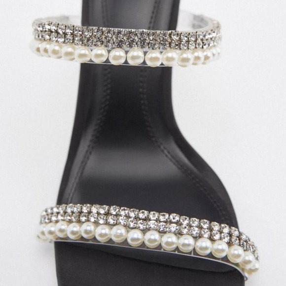 NEW ZARA Rhinestone Pearls Heeled Sandals, Black, good for US6.5 / US 7 - Picture 4 of 8